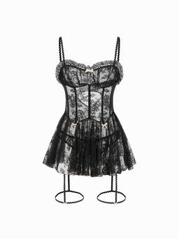 Cider - Lace Sweetheart Women Bow Detail Lettuce Trim Bra Set Black