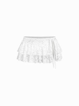 Cider - Lace Tie-Side Sheer Layered Micro Mini Skirt White