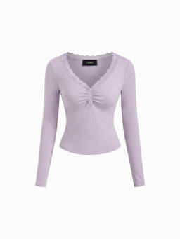 Cider - Cotton-Blend Women's Ruched Lace Trim V-Neck Thermal Top Violet