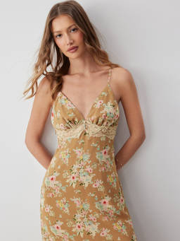 Cider - Floral Women's Ruched Lace Trim Maxi Nightdress Khaki