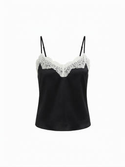 Cider - Satin V-neck Women Lace Panel Cami Top Black