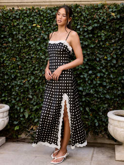 Cider - Satin Polka Dot Women's Lace Trim Split Nightdress Black