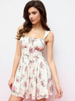 Cider - Floral Lace Women Square Neck Ruffled Babydoll Pink