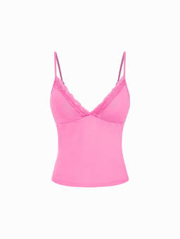 Cider - Lace Trim Women V-Neck Slim Fit Cami Top Pink
