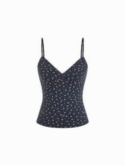 Cider - Lace Trim Women’s V-Neck Floral Print Cami Top Navy Blue