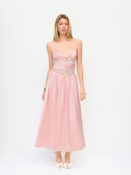 Cider - Satin V-Neck Women's Lace Panel Maxi Nightdress Pink