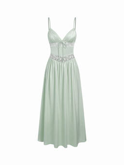 Cider - Satin Lace Panel Women's V-Neck Maxi Nightdress Green