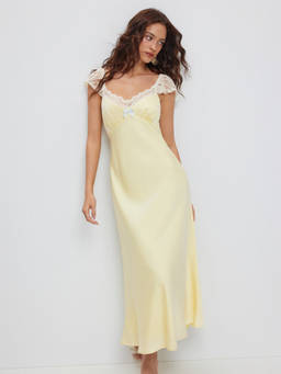 Cider - Satin Sweetheart Women's Lace Ruffle Sleeve Maxi Nightdress Yellow