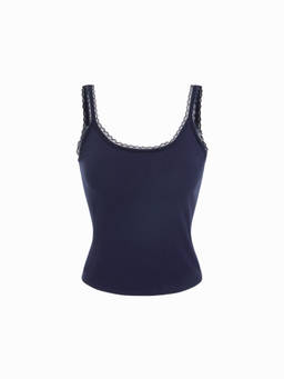 Cider - Lace Trim Women's Cotton Blend Scoop Neck Cami Top Navy Blue
