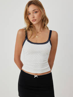 Cider - Polka Dot Women's Lace Trim Scoop Neck Camisole White