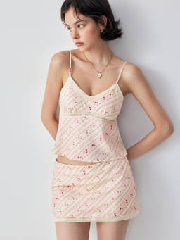 Cider - Lace Trim Women Striped Cami Top & Mini Skirt Set Pink