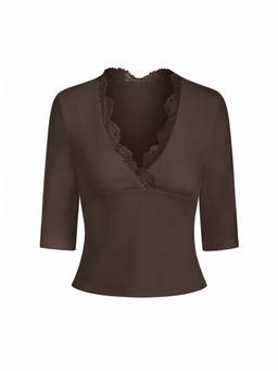 Cider - Scalloped Lace Trim Women V-Neck Mid Sleeve Camisole Brown