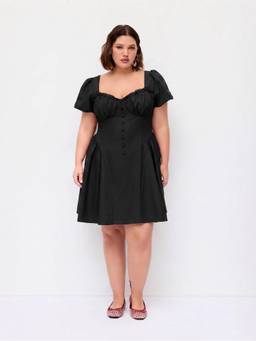 Cider - Linen-Blend Women's Sweetheart Ruched Puff Sleeve Babydoll Black