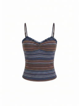 Cider - Stripe Sweetheart Women's Lace Trim Ruched Cami Top Blue