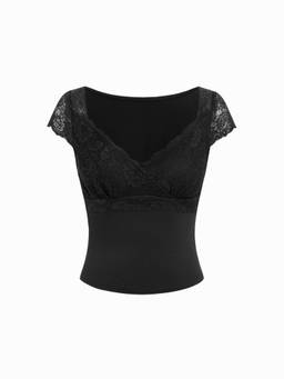 Cider - Lace Trim Women Sweetheart Neck Short Sleeve Camisole Black