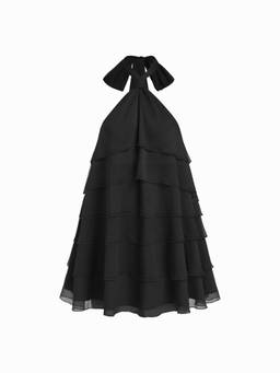 Cider - Chiffon Ruffle Women's Halter Neck Asymmetrical Babydoll Black