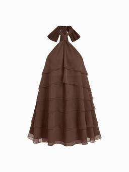 Cider - Chiffon Halter Women's Asymmetrical Ruffle Babydoll Brown