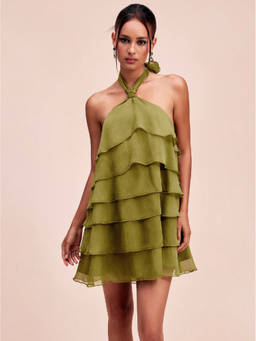 Cider - Chiffon Women's Halter Neck Ruffle Babydoll Olive