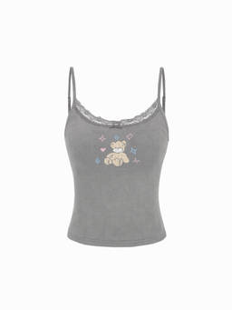 Cider - Lace Trim Women’s Sweetheart Neck Embroidered Cami Top Grey
