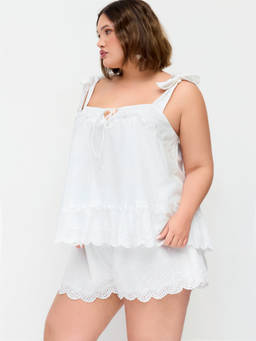 Cider - Cotton Broderie Women Lace Trim Bow Top & Shorts Pajama Set White