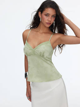 Cider - Silk Jacquard Women Lace Trim Sweetheart Neck Cami Matcha Green