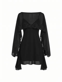 Cider - Chiffon Lace Panel Women's Floral Cami Babydoll Set Black
