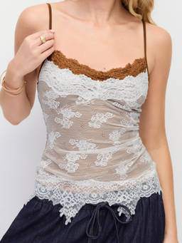 Cider - Lace Floral Women's Sweetheart Scallop Hem Lace Camisole Beige