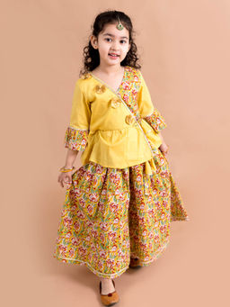 PSPeaches - Girls Mustard Yellow Floral Printed Angrakha Kurta With Palazzos (Set of 2)