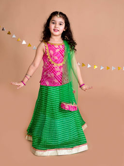 PSPeaches - Girls Green Pink Ready To Wear Lehenga With Choli & Dupatta (Set of 3)