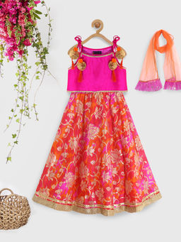PSPeaches - Girls Pink Printed Ready To Wear Lehenga With Blouse & Dupatta (Set of 3)