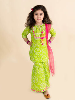 PSPeaches - Girls Green Pink Bandhani Pure Cotton Kurta With Sharara & Dupatta (Set of 3)