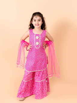 PSPeaches - Purple Printed Cotton Kurta With Sharara With Dupatta (Set of 3)