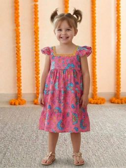 BownBee - Girls Pink Printed Pure Cotton Summer Frock