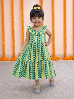 BownBee - Girls Green Polka Dot Tier Halter Neck Maxi Dress