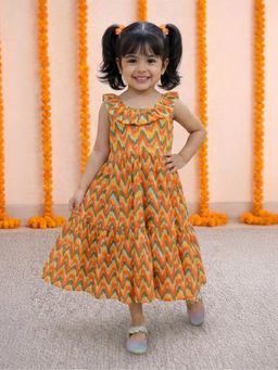 BownBee - Girls Orange Polka Dot Tier Halter Neck Maxi Dress