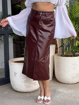 Tandul - Women Stunning Leather Burgundy Skirt