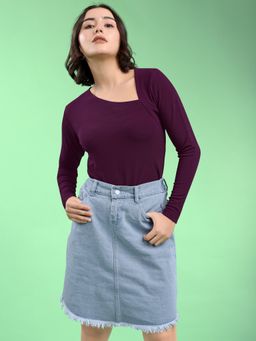 PURVAJA - Women Fitted Full Sleeve Asymmetric Solid Wine Top