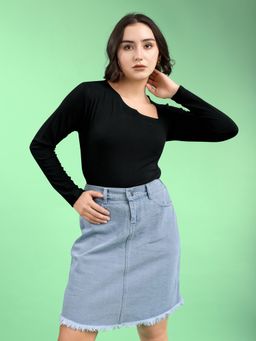 PURVAJA - Women Fitted Full Sleeve Asymmetric Solid Black Top