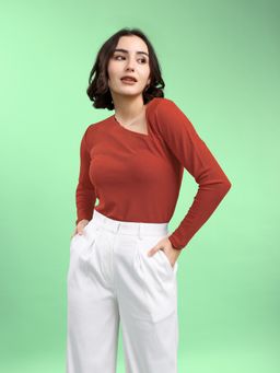 PURVAJA - Women Fitted Full Sleeve Asymmetric Solid Rust Top
