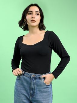 PURVAJA - Women Fitted Full Sleeve Sweetheart Solid Black Top