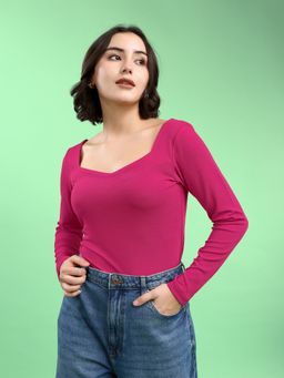 PURVAJA - Women Fitted Full Sleeve Sweetheart Solid Pink Top