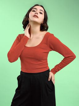 PURVAJA - Women Slim Fit Full Sleeve Scoop Neck Rust Crop Top