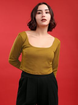 PURVAJA - Women Slim Fit Full Sleeve Scoop Neck Gold Crop Top