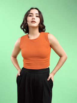 PURVAJA - Women Sleeveless Round Neck Orange Crop Top