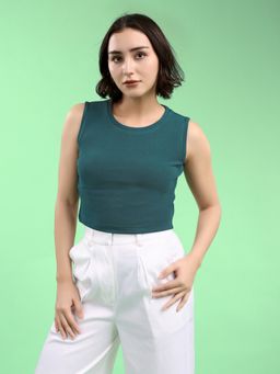 PURVAJA - Women Sleeveless Round Neck Teal Crop Top
