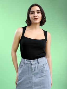 PURVAJA - Women'S Sleeveless Queen Anne Black Top