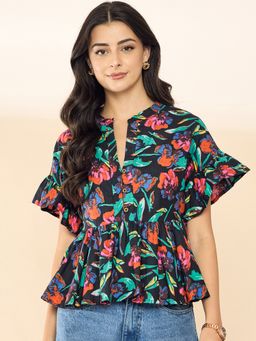 Uptownie - Women Frilled Sleeve Cotton Black Peplum Top