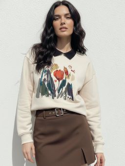 Outzidr - Graphic Oversized White Sweatshirt