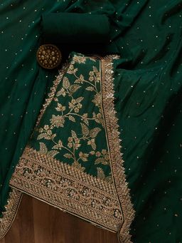 Koskii - Bottle Green Zariwork Chanderi Unstitched Salwar Suit (Set of Three)