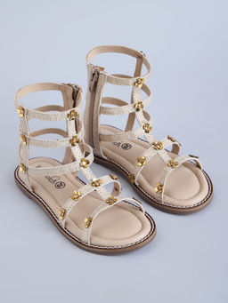 Hopscotch - Floral Applique Beige Gladiator Flats